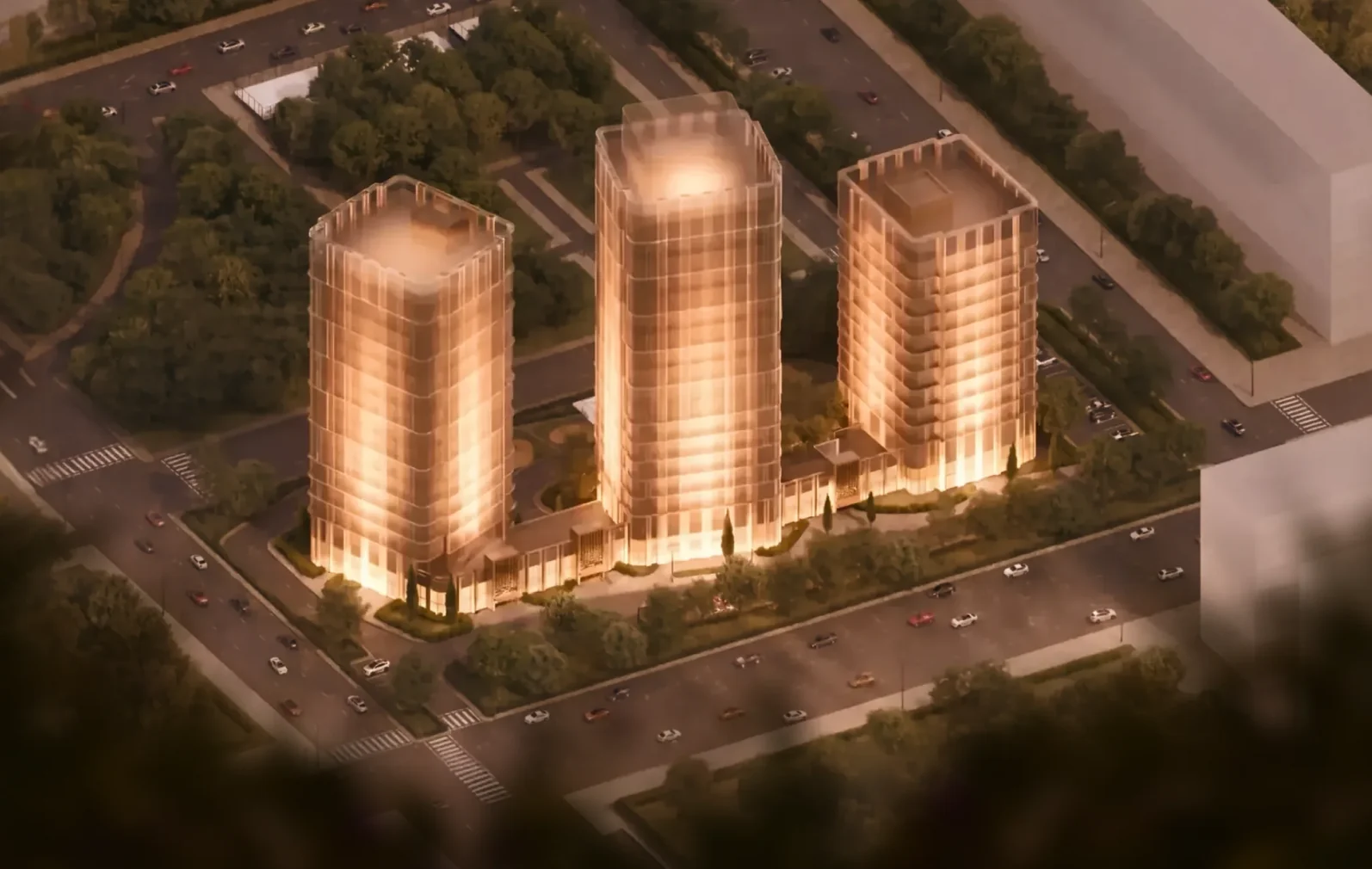 BS Towers — три башни комплекса ночью
